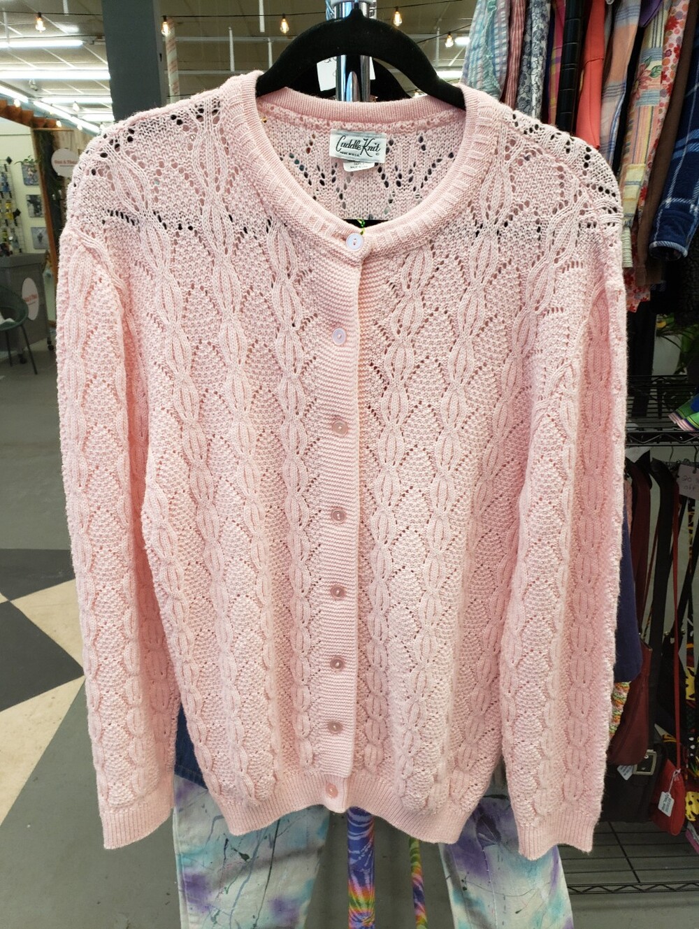 Vintage 1980s Crochet Knit Pink Cardigan